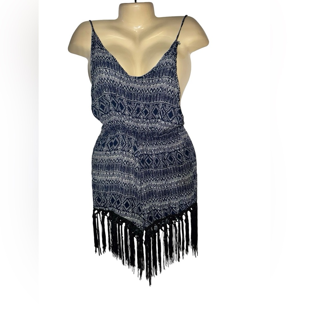 Bohemian Navy & White Patterned Fringe Romper